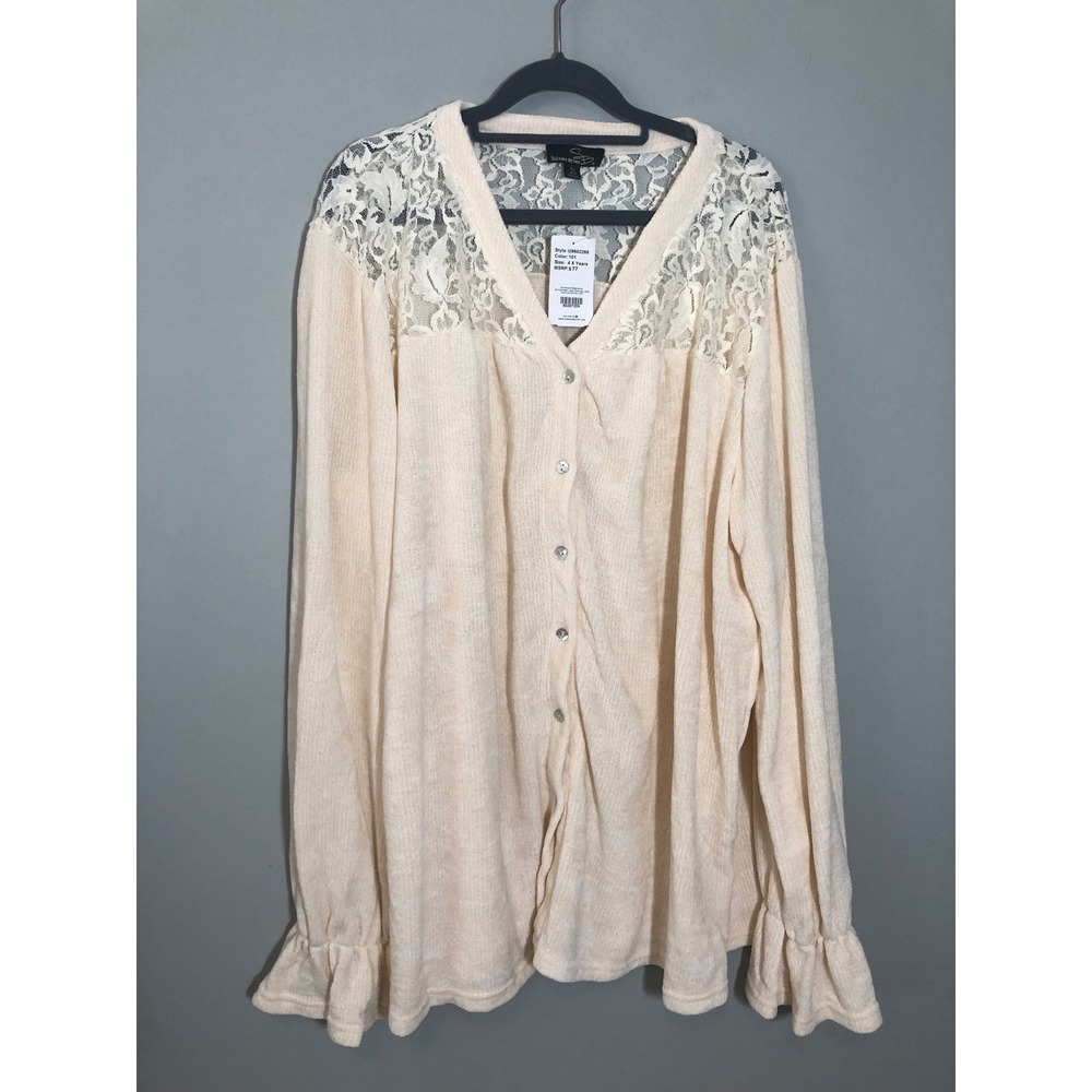 NEW Suzanne Betro Lace Yoke Ruffle Cuff Balloon Sleeve Top 4X Cream Cardigan